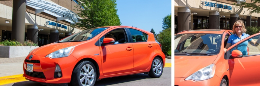 Collage of Two Orange Toyota Prius Outside Saint Paul College