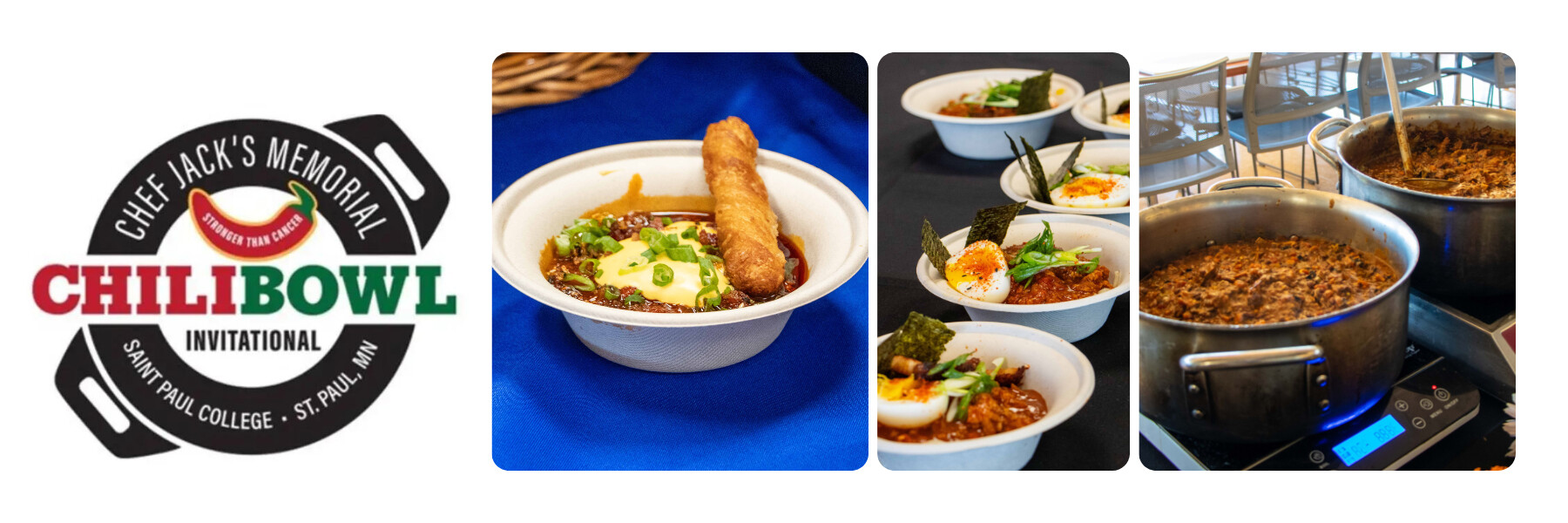 A collage featuring the "Chef Jack's Memorial Chili Bowl Invitational" logo, which reads "Stronger Than Cancer." On the left, there’s a bowl of chili topped with green onions and a fried item. In the center, several bowls of chili with garnishes, including egg and seaweed, are displayed. On the right, two large pots of chili are being prepared, with a focus on the cooking process.