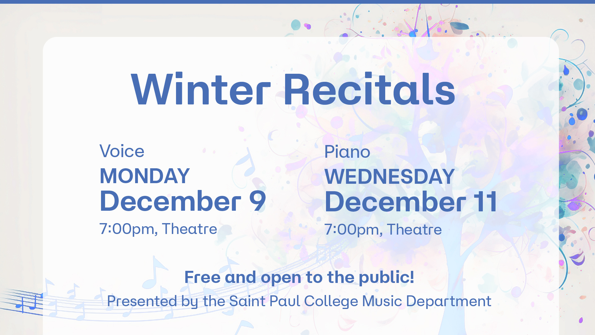 Winter Recitals poster: Voice on December 9, Piano on December 11, both at 7:00pm in Theatre. Free and open to the public, presented by Saint Paul College Music Department.