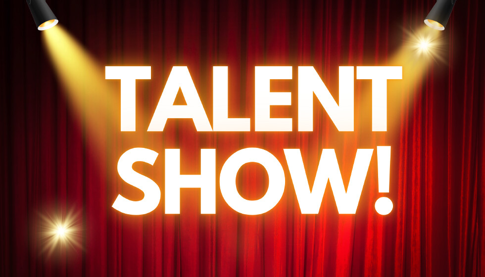 Image of closed curtain background with show lights and the words talent show in white.