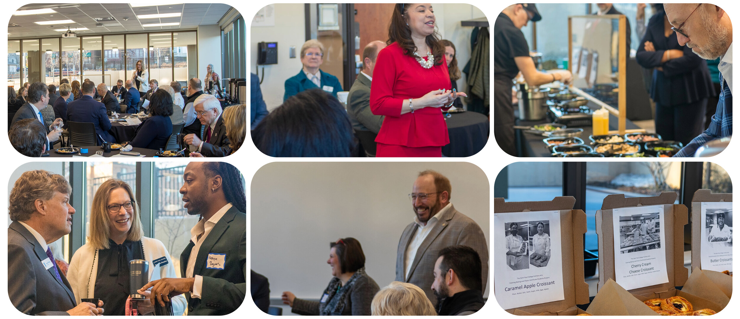 Collage of legislators and community partners at a breakfast at Saint Paul College